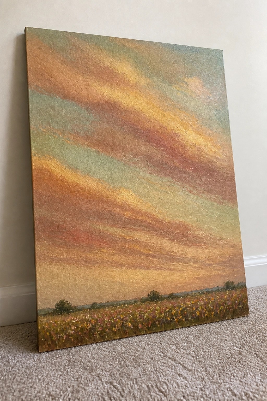 Impressionistic oil painting of wildflower field under streaky orange-green sunset sky, leaning indoors