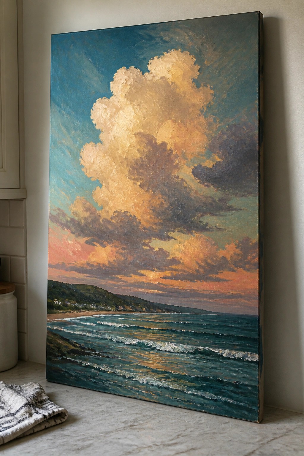 Large seascape painting with golden sunset clouds over turquoise waves leaning on wall
