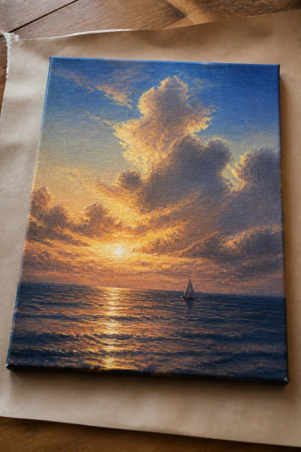 Realistic canvas painting of vibrant sunset over ocean with distant sailboat