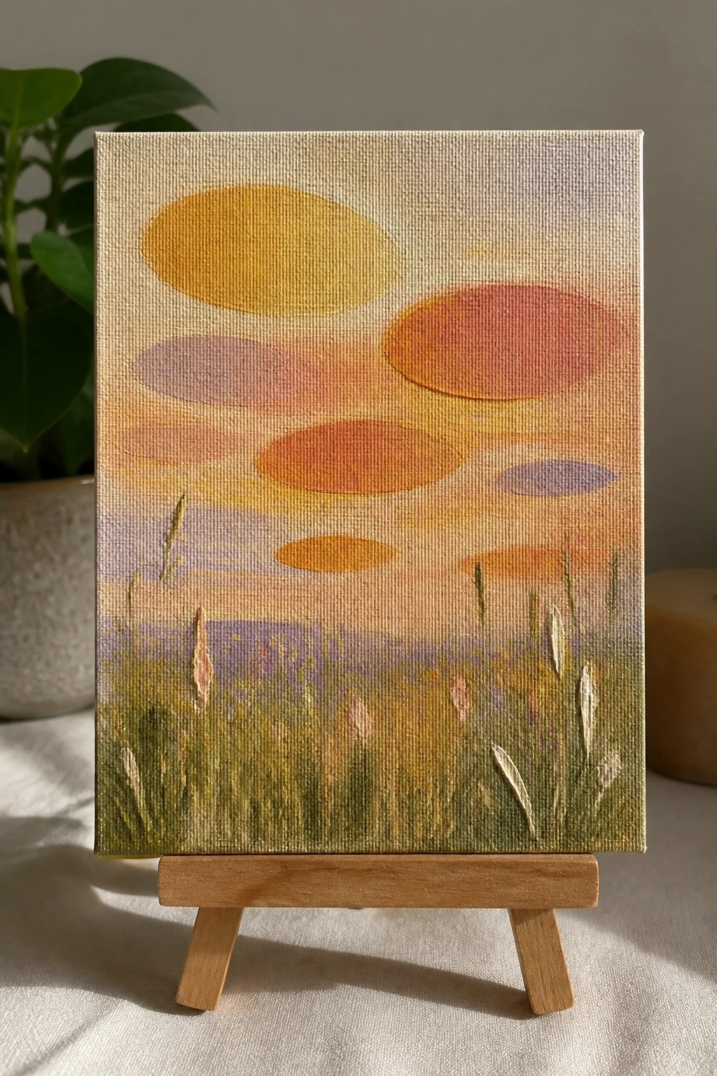 Abstract painting of gradient sky with colorful ovals above grassy field on wooden easel