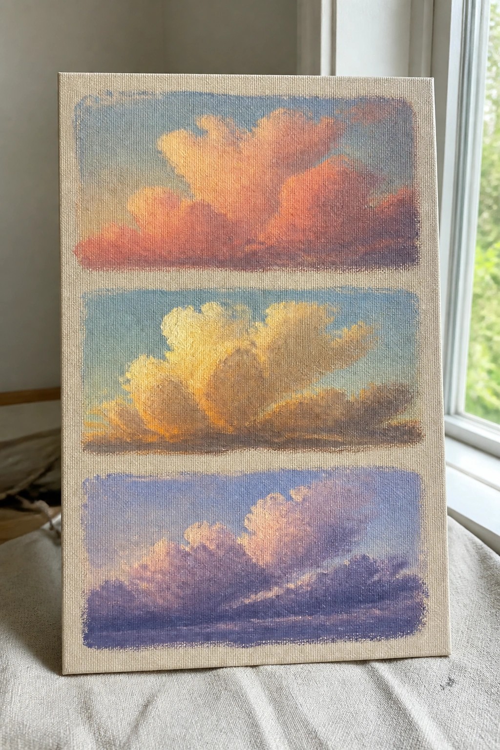 Three stacked cloud paintings on canvas in orange, yellow, and purple tones