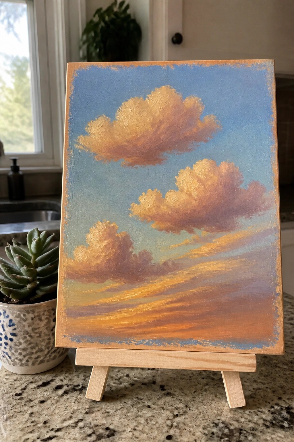 Small oil painting of golden sunset clouds on wooden easel beside succulent plant.