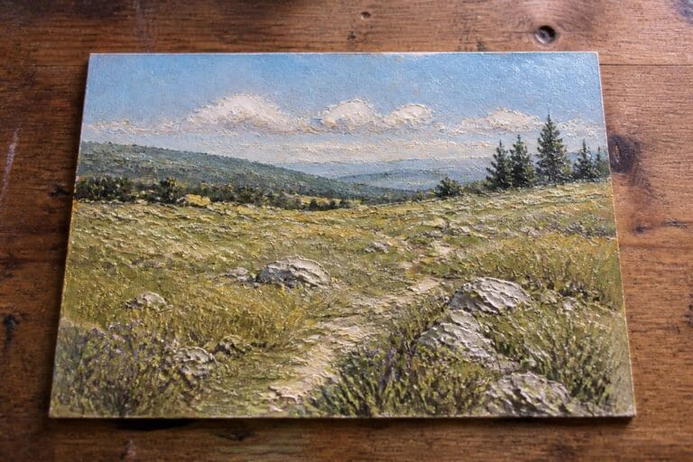 18 Essential Landscape Oil Painting Techniques for Rich Texture and Depth Textured landscape painting of rocky meadow with rolling hills and cloudy blue sky