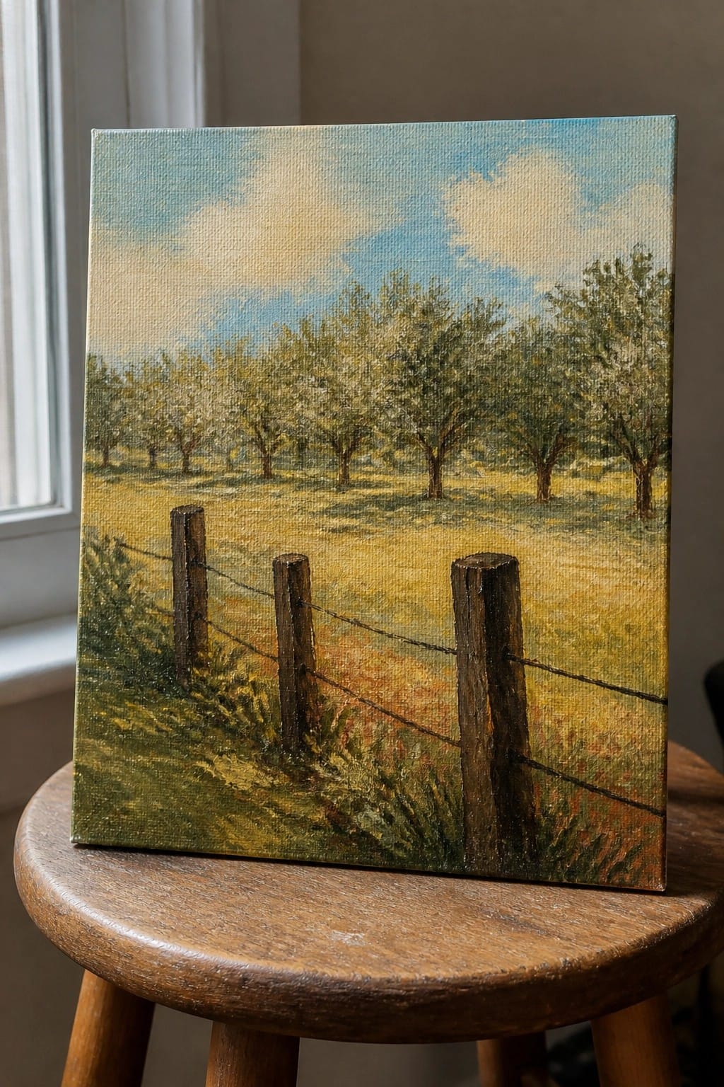 Landscape oil painting of field, trees, and wooden fence on stool