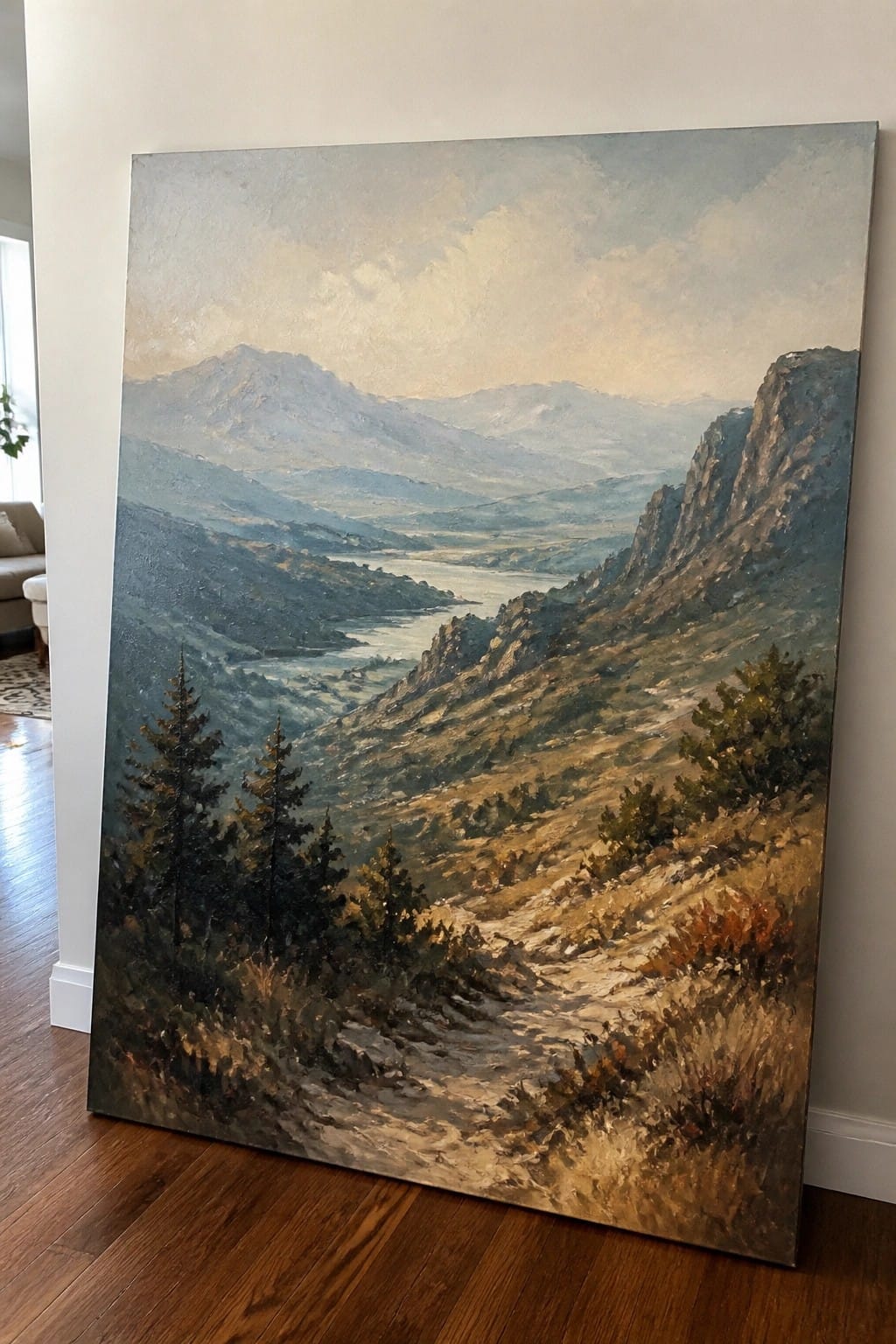 Large oil painting of mountain valley with river, cliffs, and trees leaning indoors.