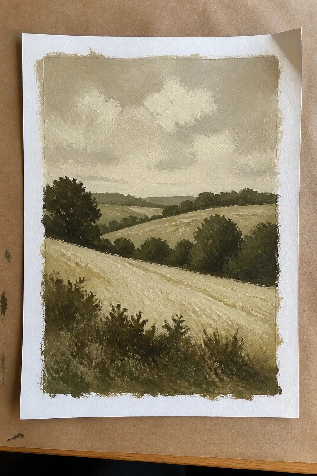 Earth-toned landscape painting of rolling hills, trees, and cloudy sky.