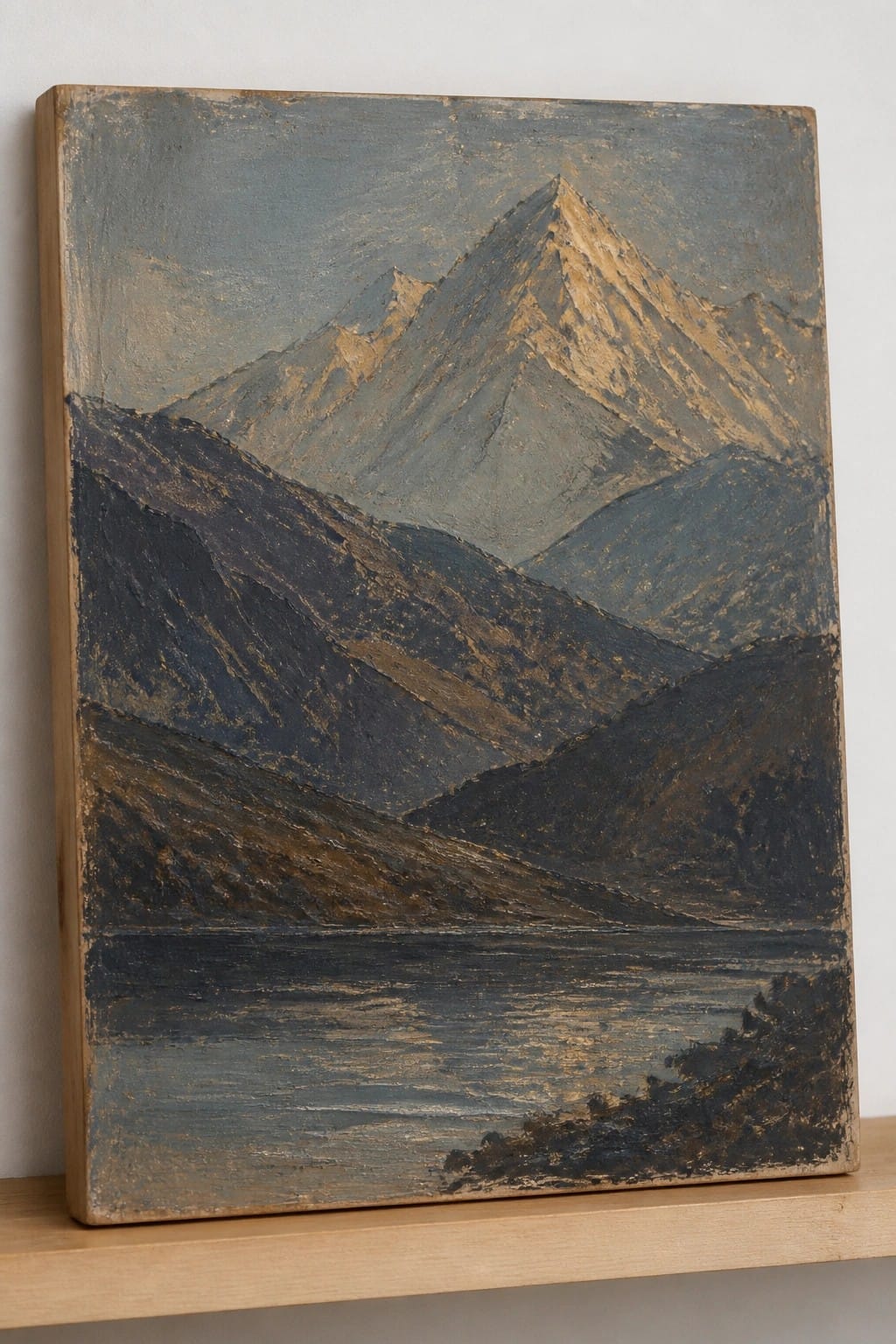 Textured painting of golden-peaked mountains above a dark reflective lake on wood.