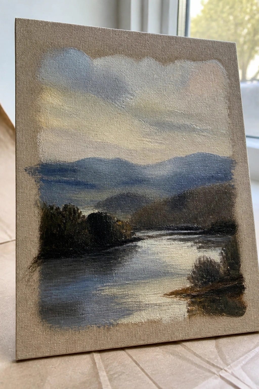 Small canvas painting of misty river with dark hills under cloudy sky.