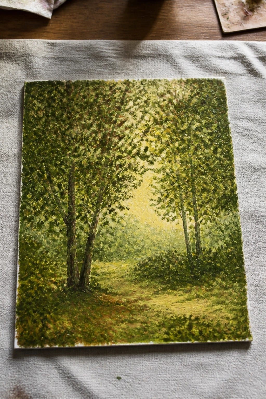 Square canvas of sunlit green forest trees on textured gray cloth