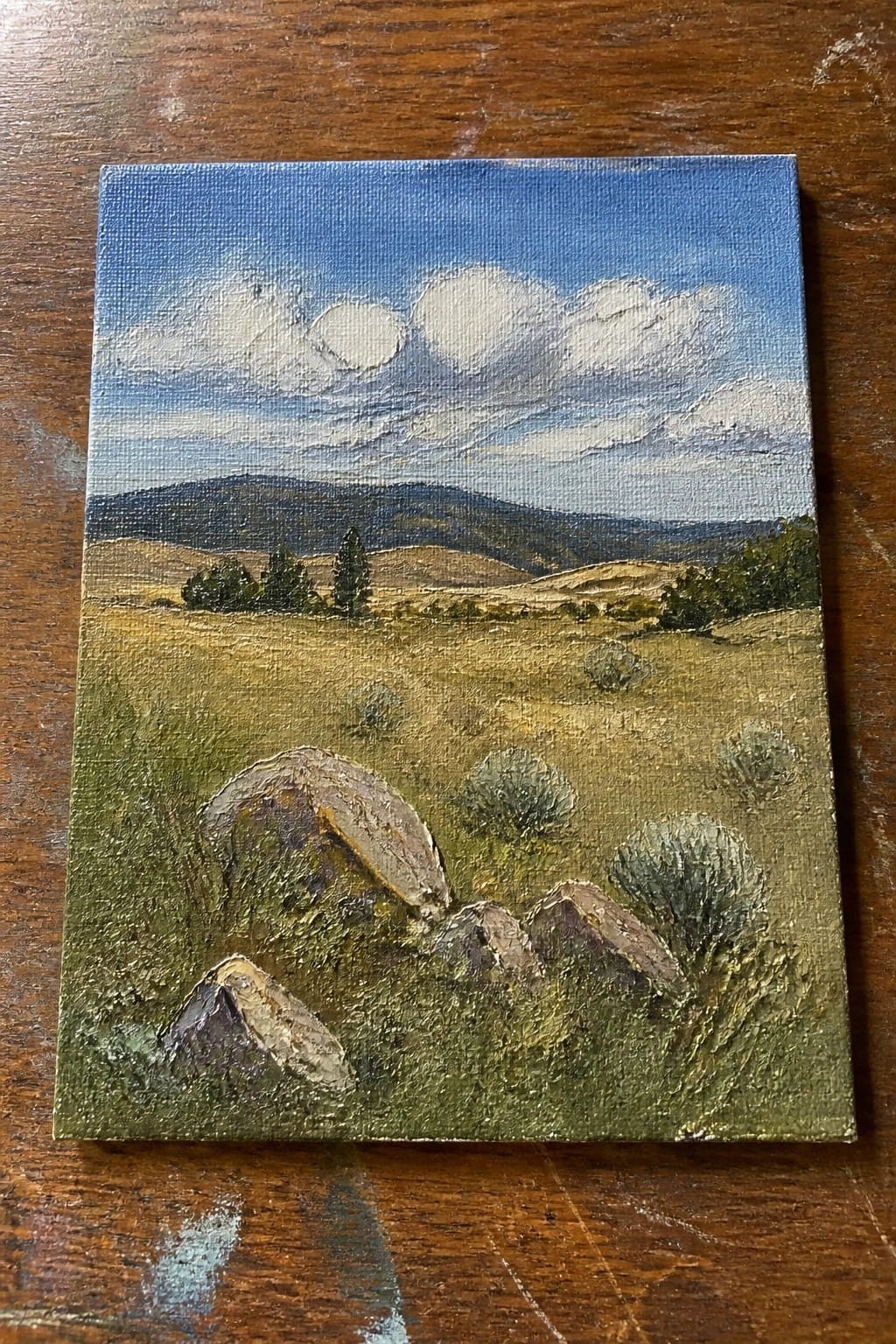 Textured landscape painting of rocky meadow with rolling hills and cloudy blue sky