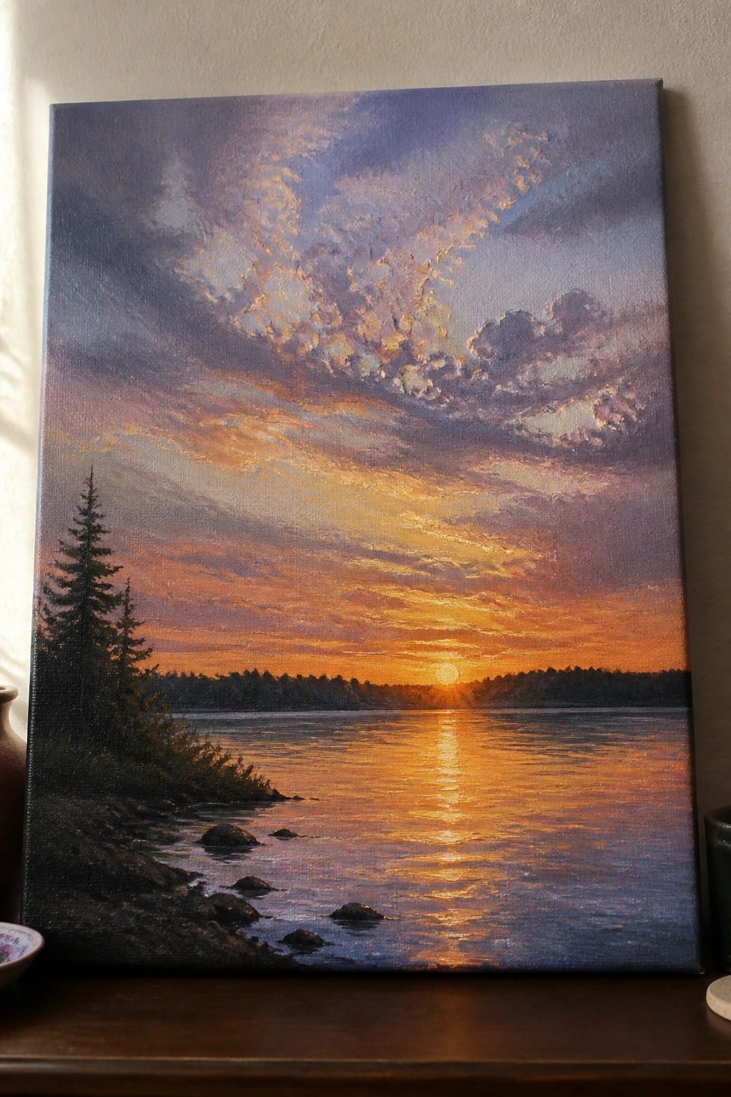 Colorful sunset painting over lake, sun reflecting on water, trees on rocky shore