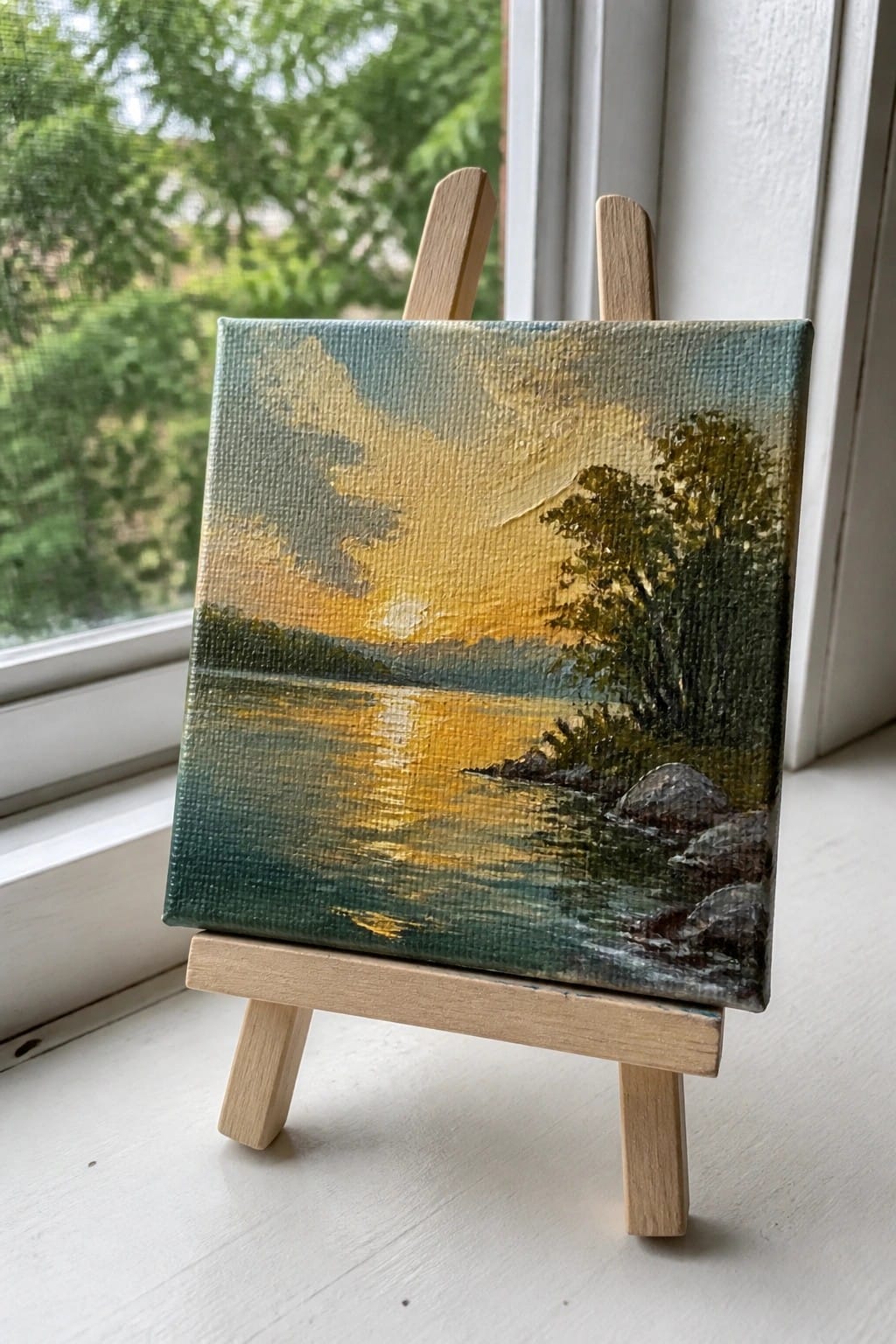 Small wooden easel holding miniature sunset landscape painting with water, trees, and rocks