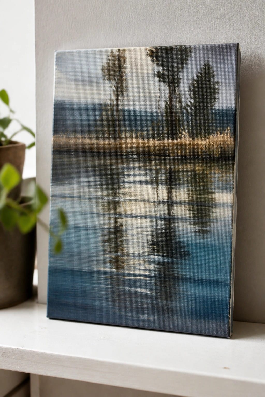 Impressionistic canvas painting of trees reflected in calm blue water on a ledge