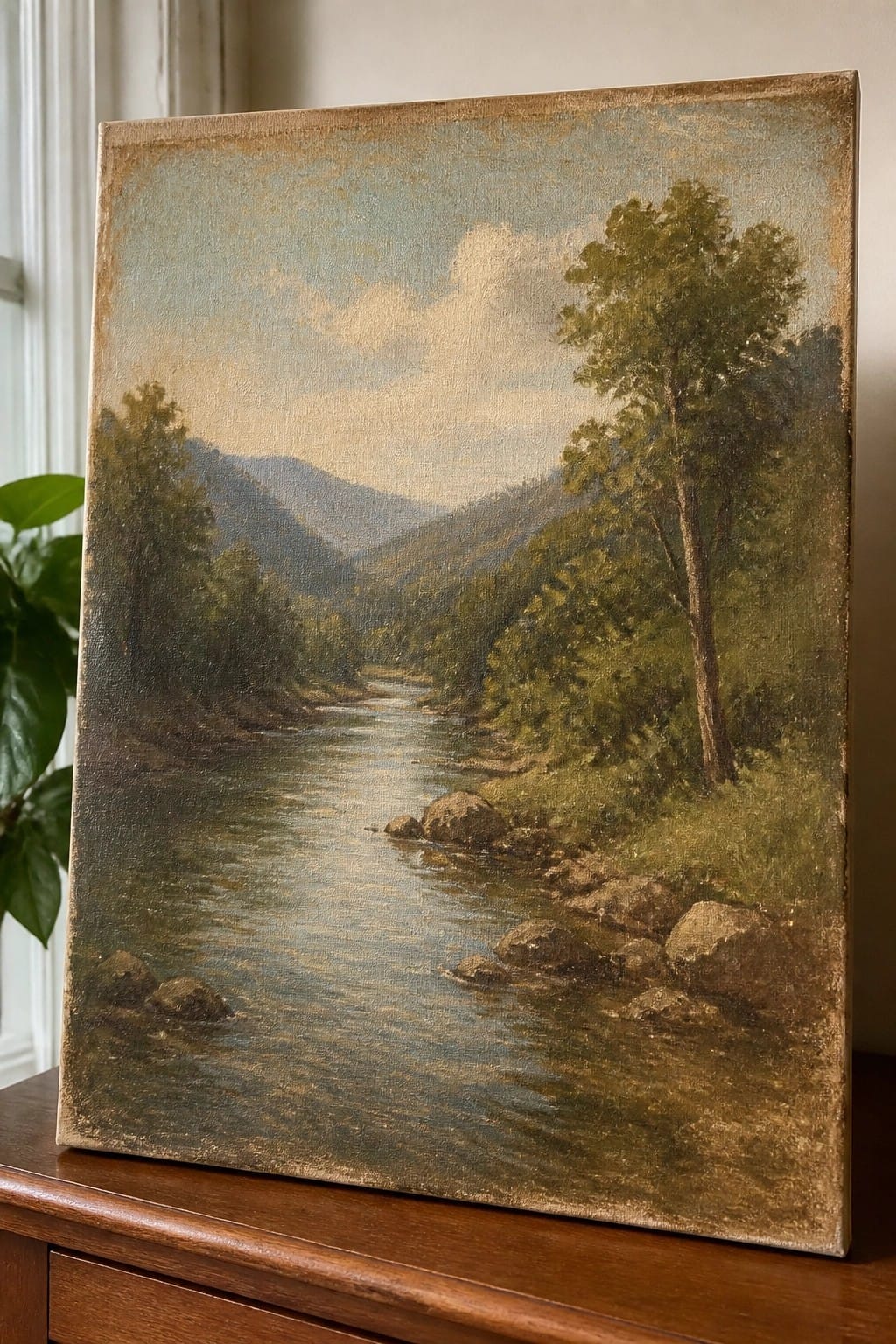 Vintage oil painting of a winding river through rocky banks, trees, and misty mountains.