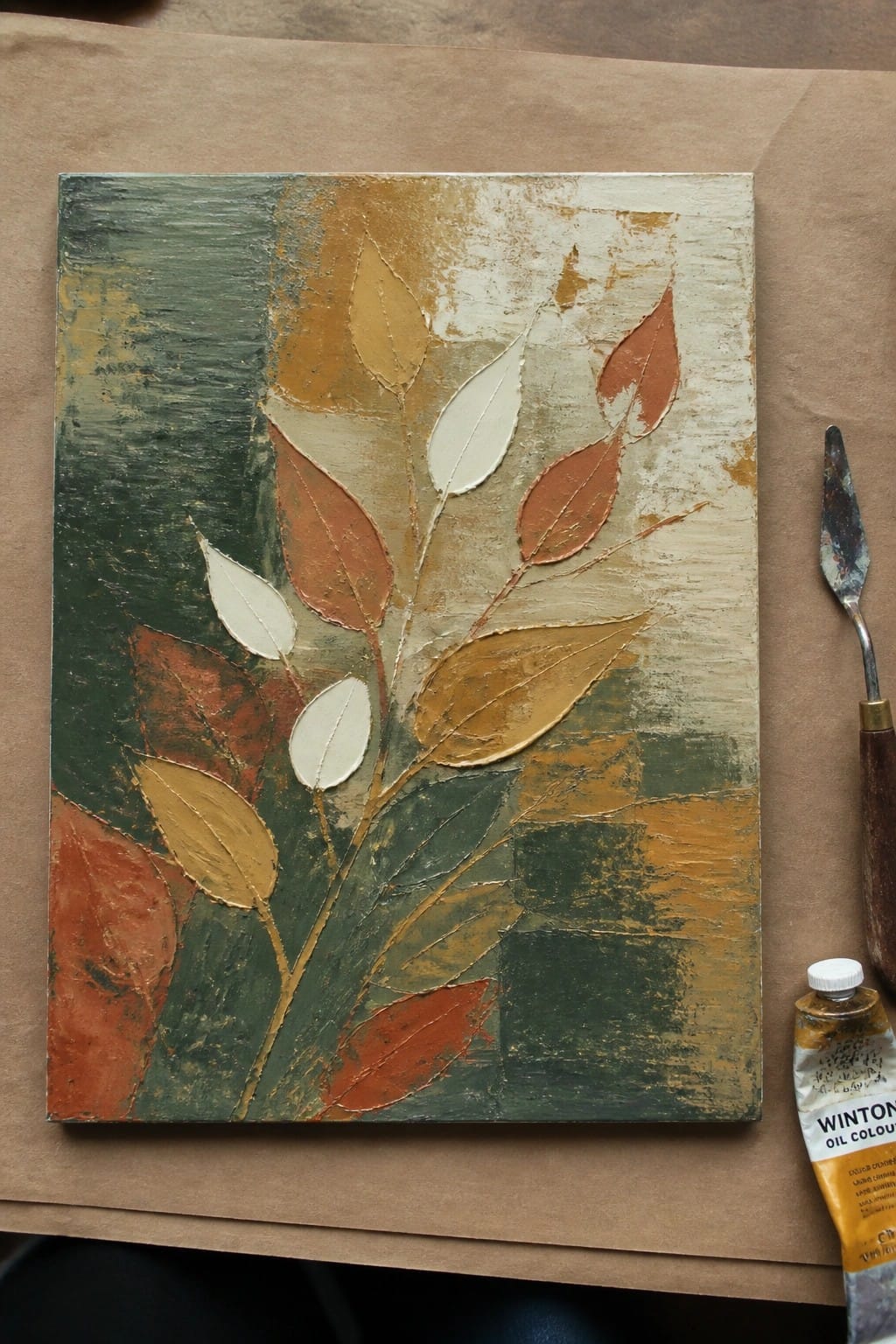 Textured abstract leaf painting in earthy tones beside palette knife and oil paint tube