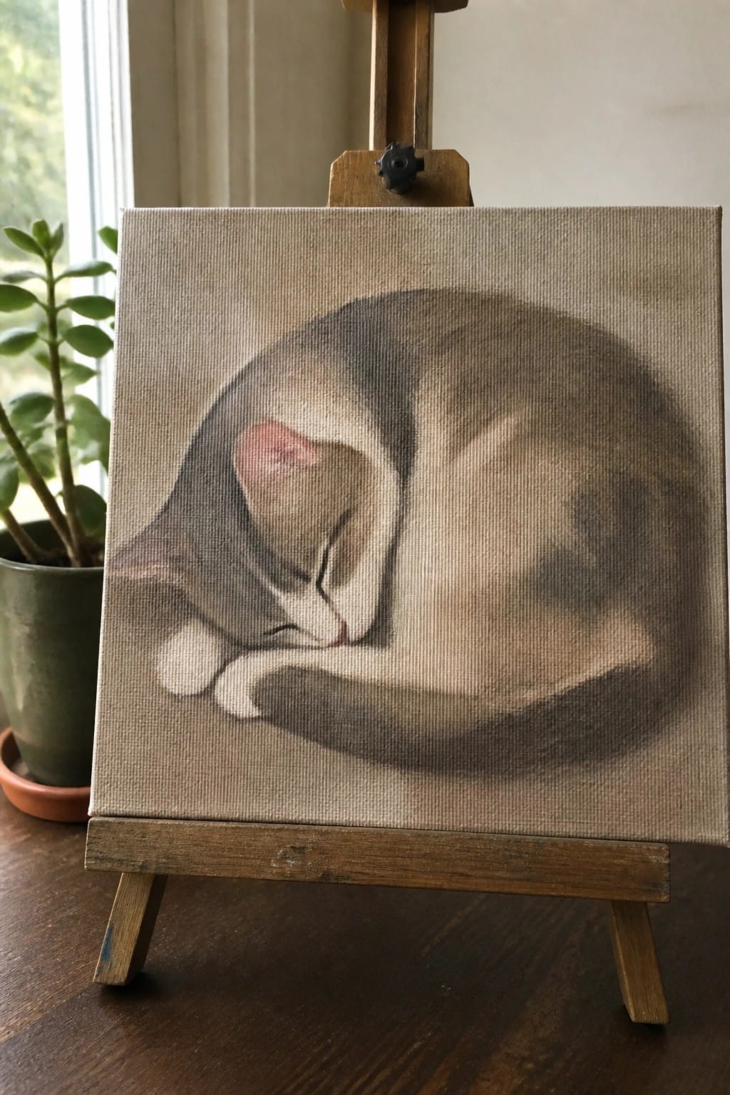 Sleeping cat painting on wooden easel beside green potted plant