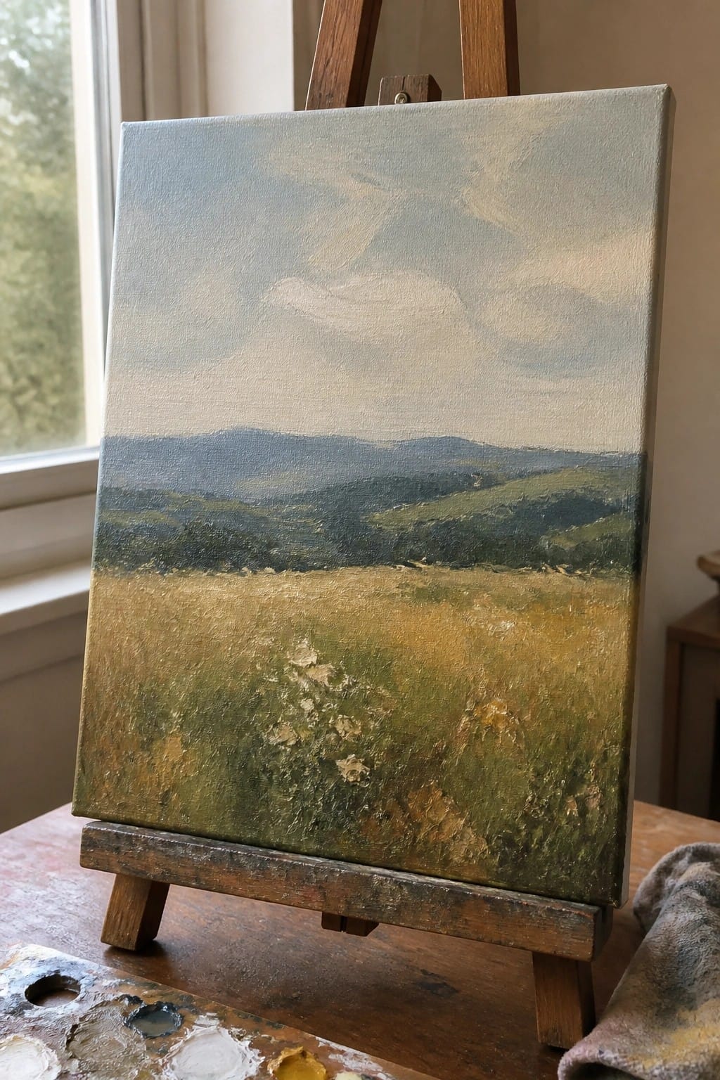 Oil painting on easel showing layered hills under cloudy sky over golden field