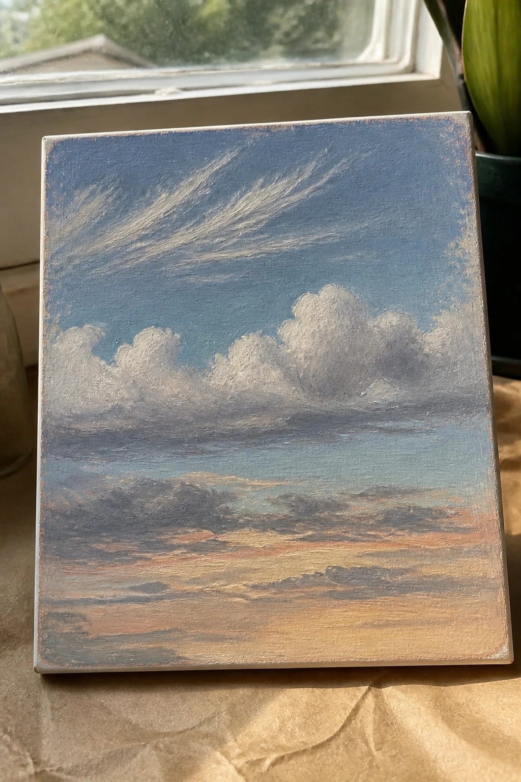 Impressionistic canvas painting of streaky clouds in blue sky over colorful horizon.