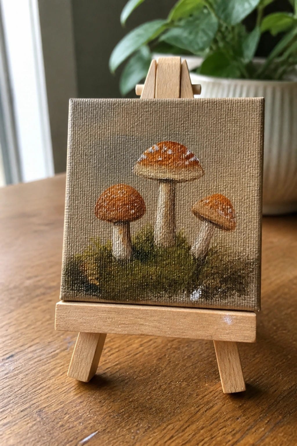 Three brown-capped mushrooms painted on miniature canvas atop wooden easel