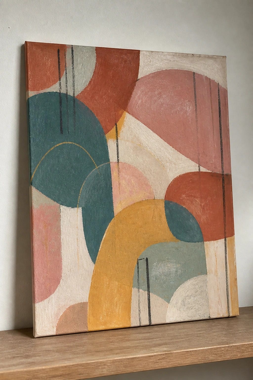 Abstract painting with overlapping teal, orange, pink, and yellow curved shapes on canvas.