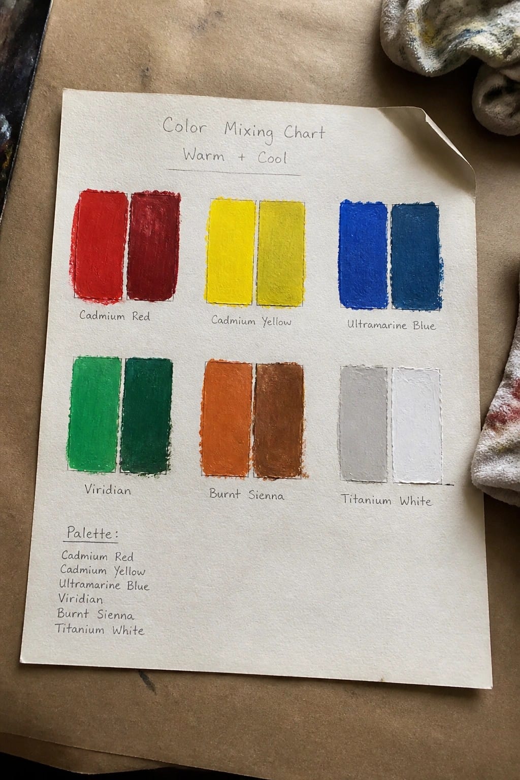 Hand-painted color mixing chart with labeled warm and cool paint swatches on paper