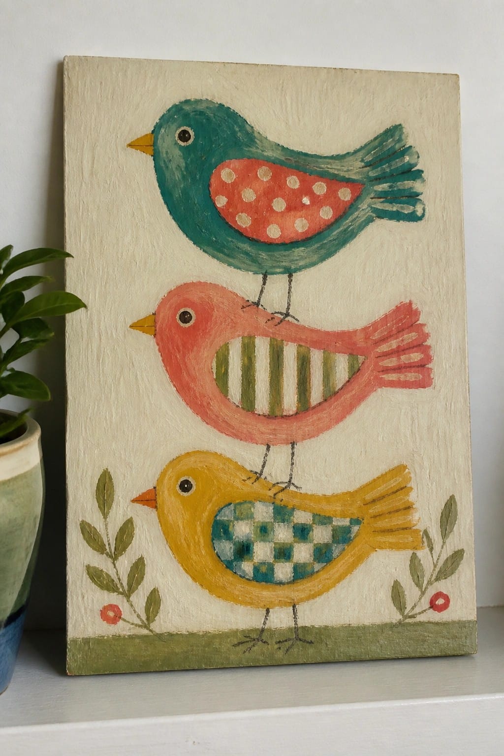 Folk art painting of three stacked birds with polka dots, stripes, and checks.