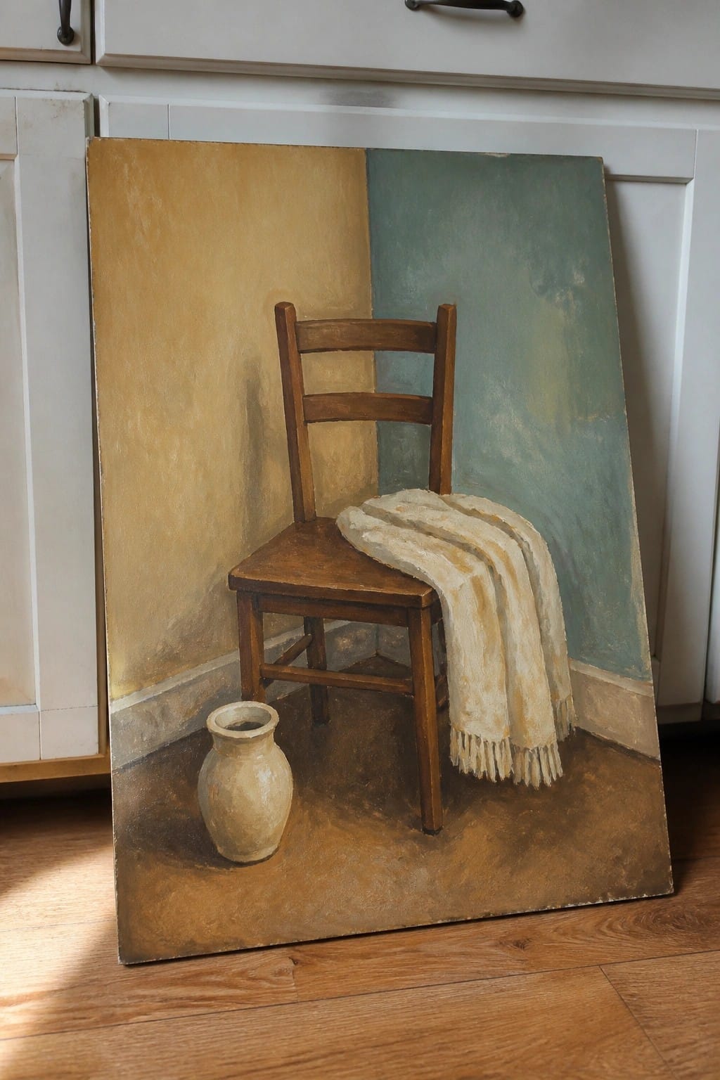 Wooden chair with white cloth beside clay pot against yellow and teal wall