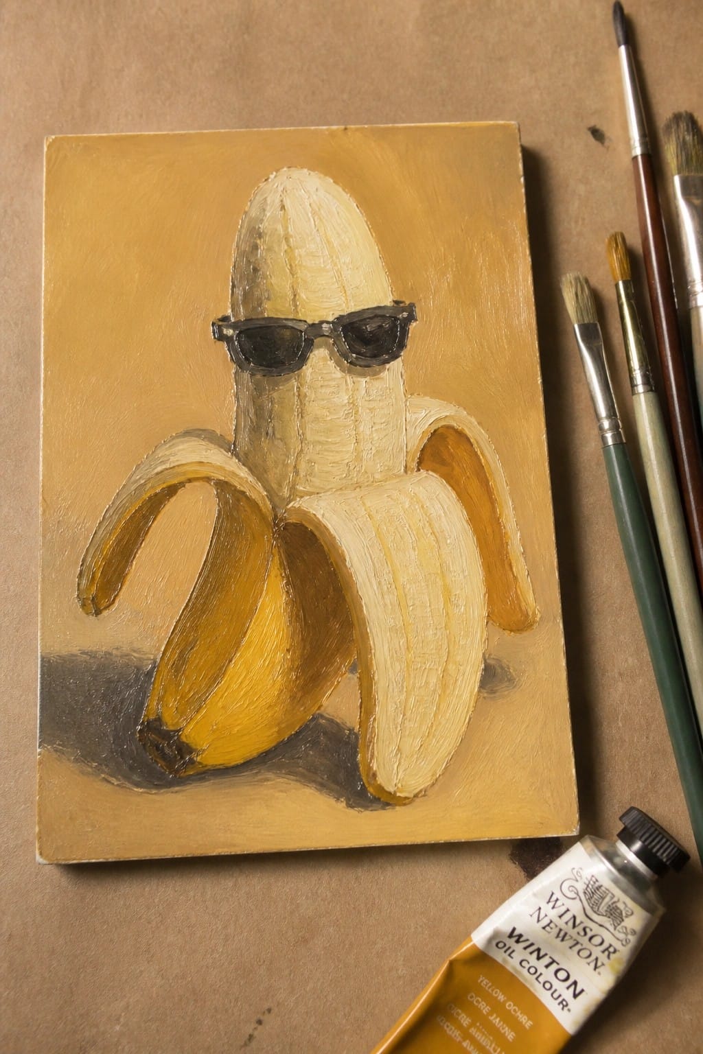 Banana wearing sunglasses painted on yellow canvas beside brushes and paint tube