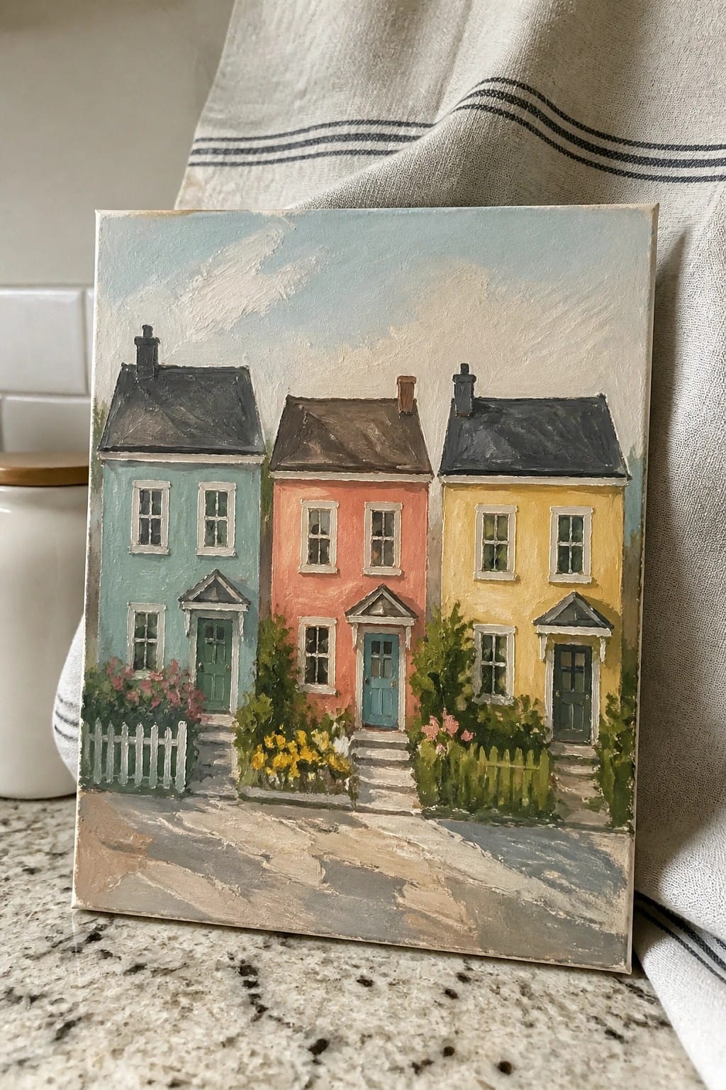 Colorful painting of three row houses in turquoise, coral, and yellow with gardens.