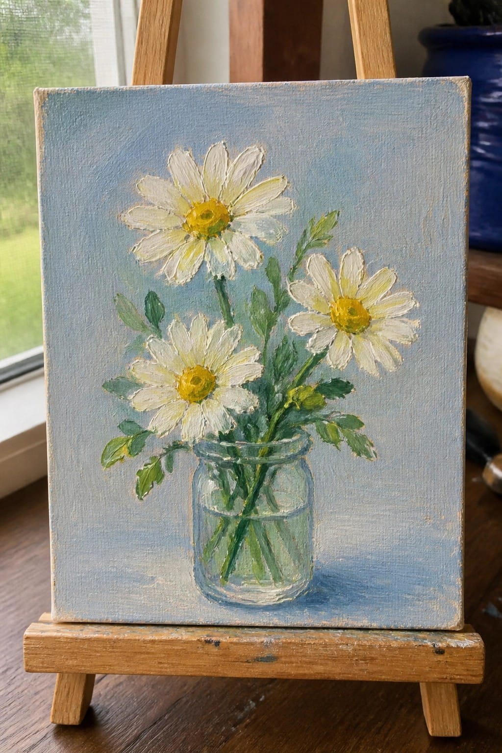 Three white daisies with yellow centers in glass jar on wooden easel.