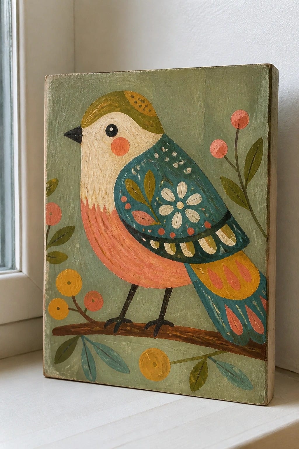 Colorful folk-art bird with patterned teal wings and pink belly on a branch.