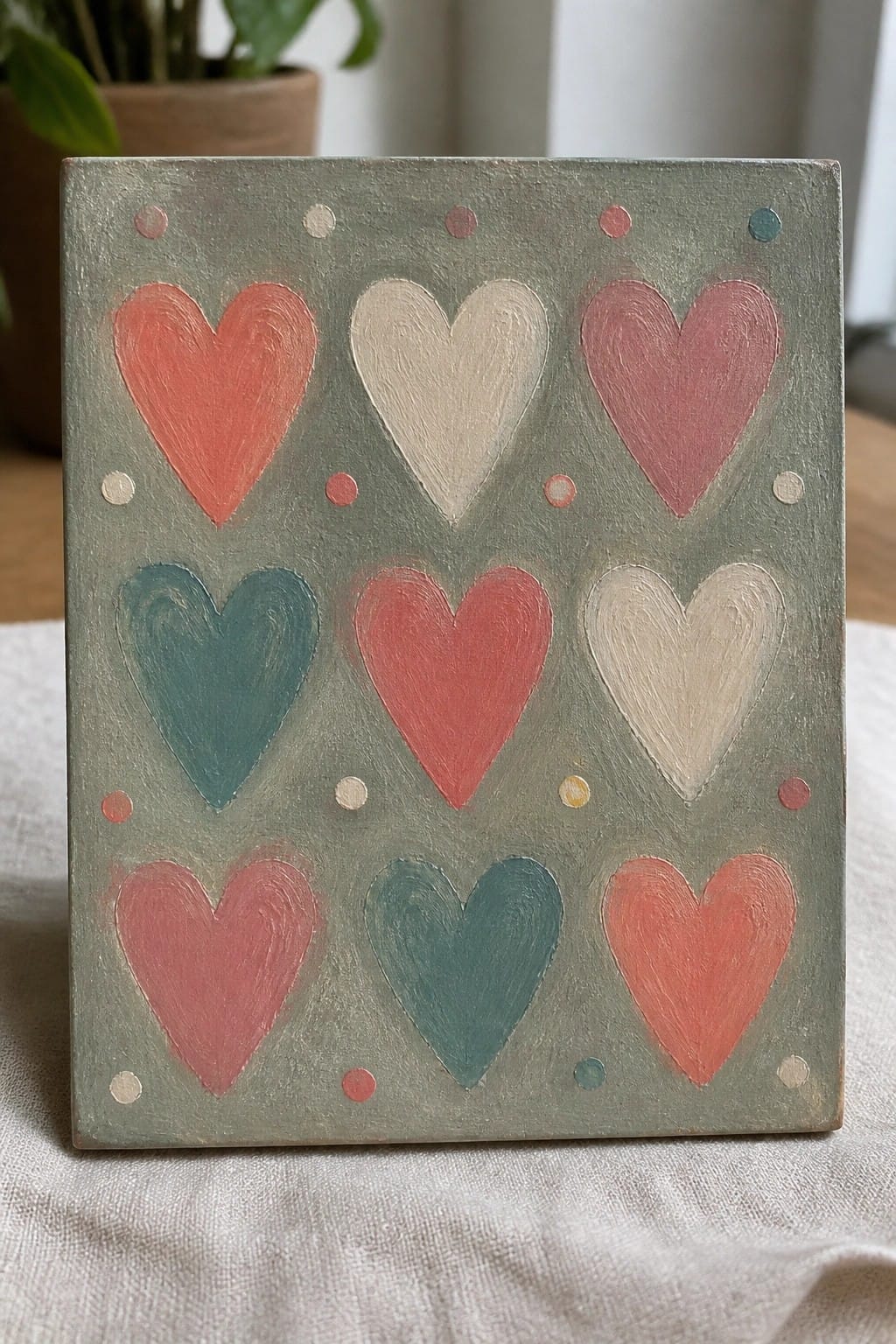 Sage green canvas with nine colorful hearts and scattered dots in pastel hues.