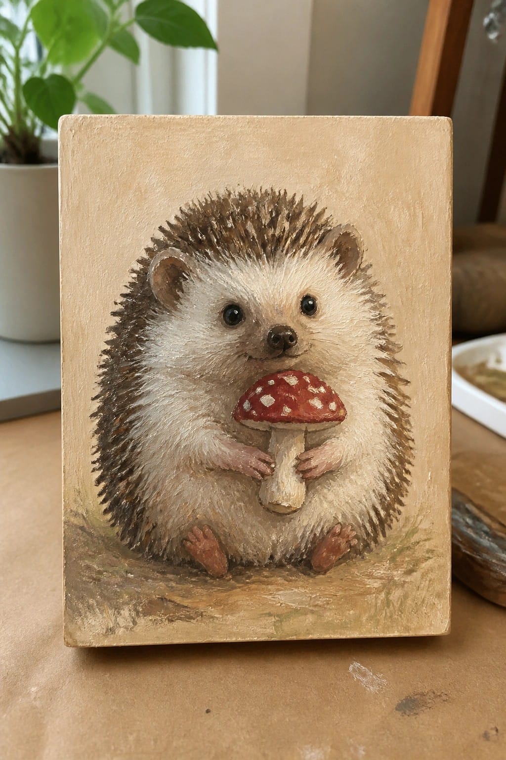 Wooden plaque painted with hedgehog holding red white-spotted mushroom