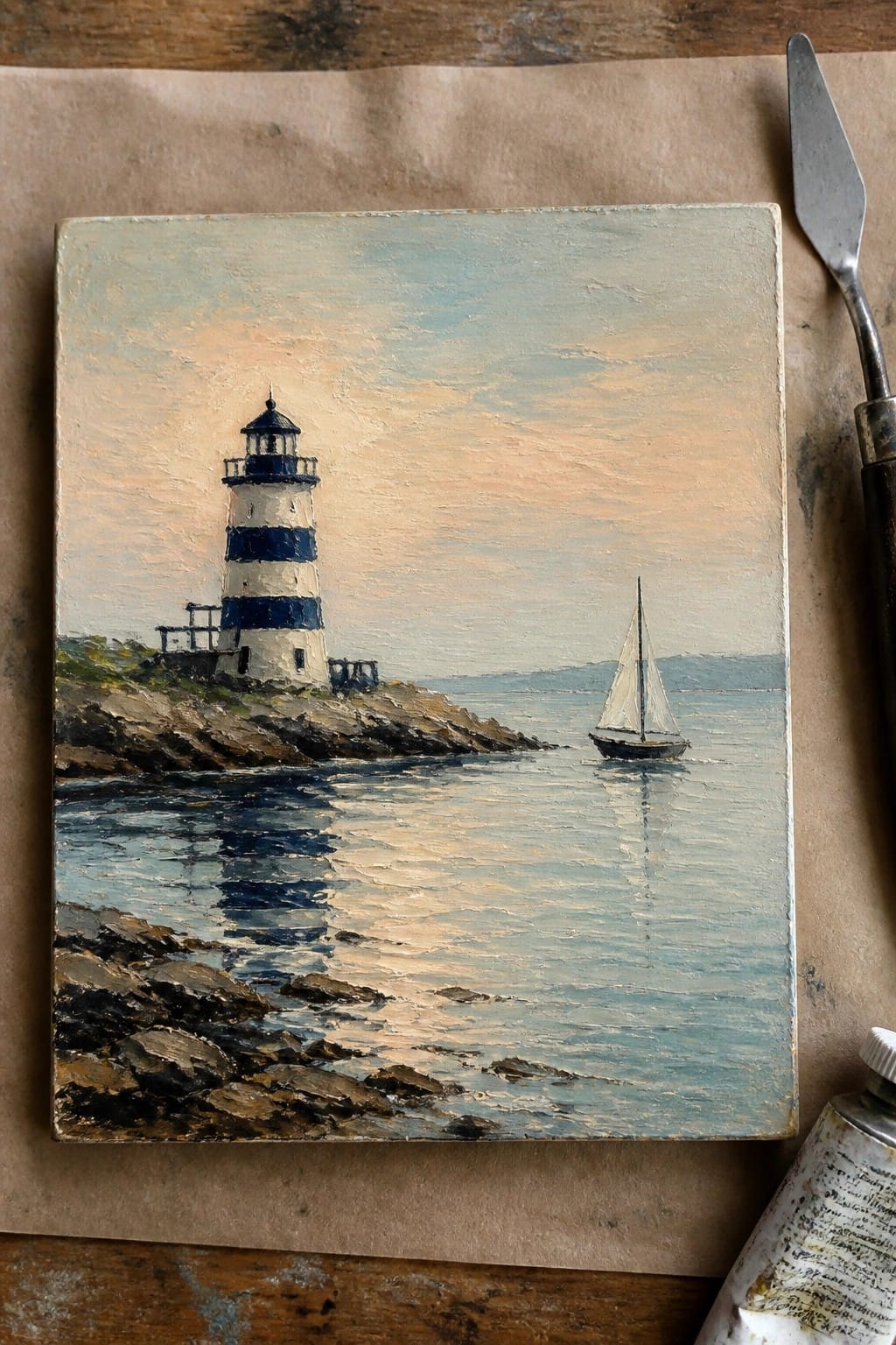 Oil painting of striped lighthouse on rocky shore with sailboat on calm water.