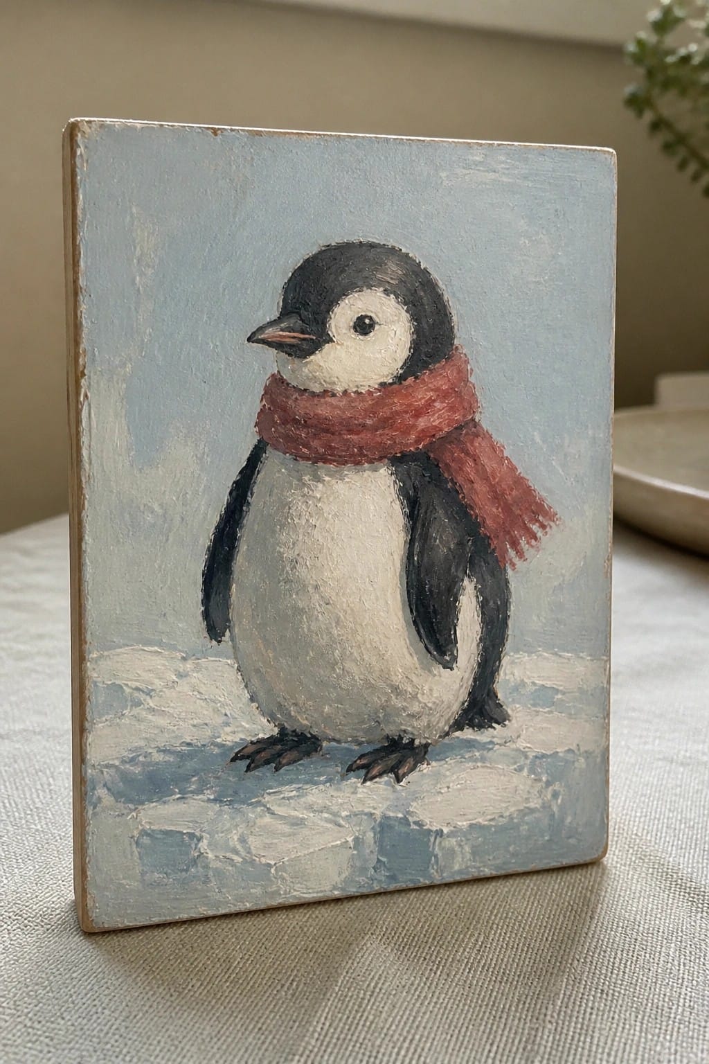 Penguin with black-and-white plumage wearing red scarf on textured snow