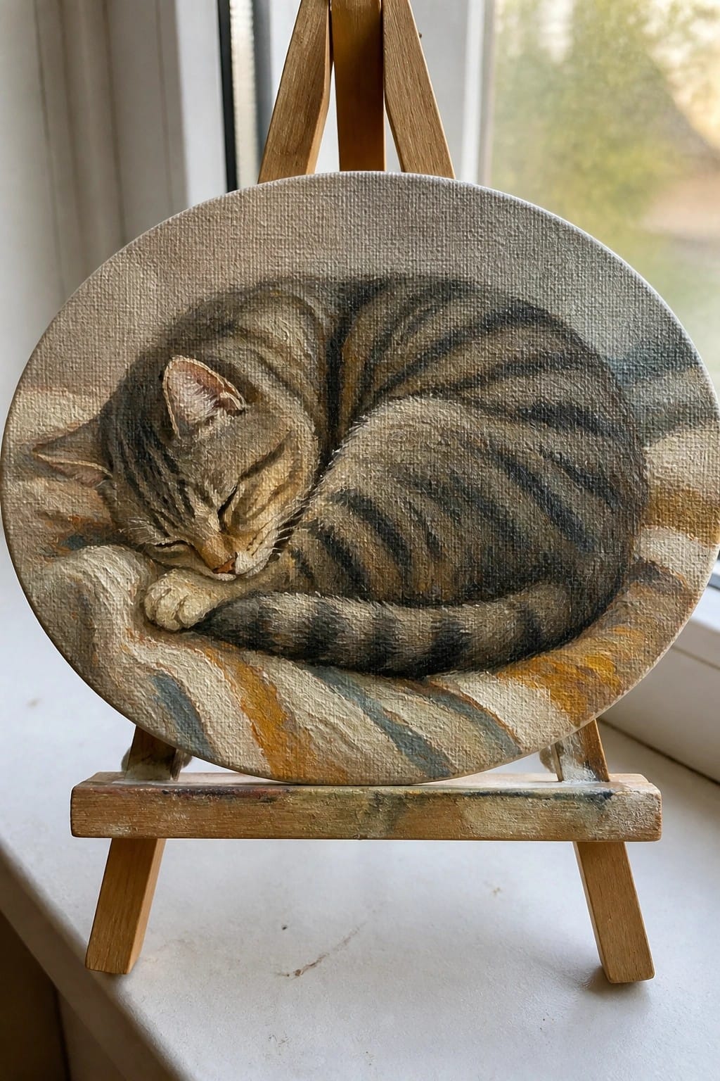 Sleeping tabby cat curled on striped fabric in round canvas on easel