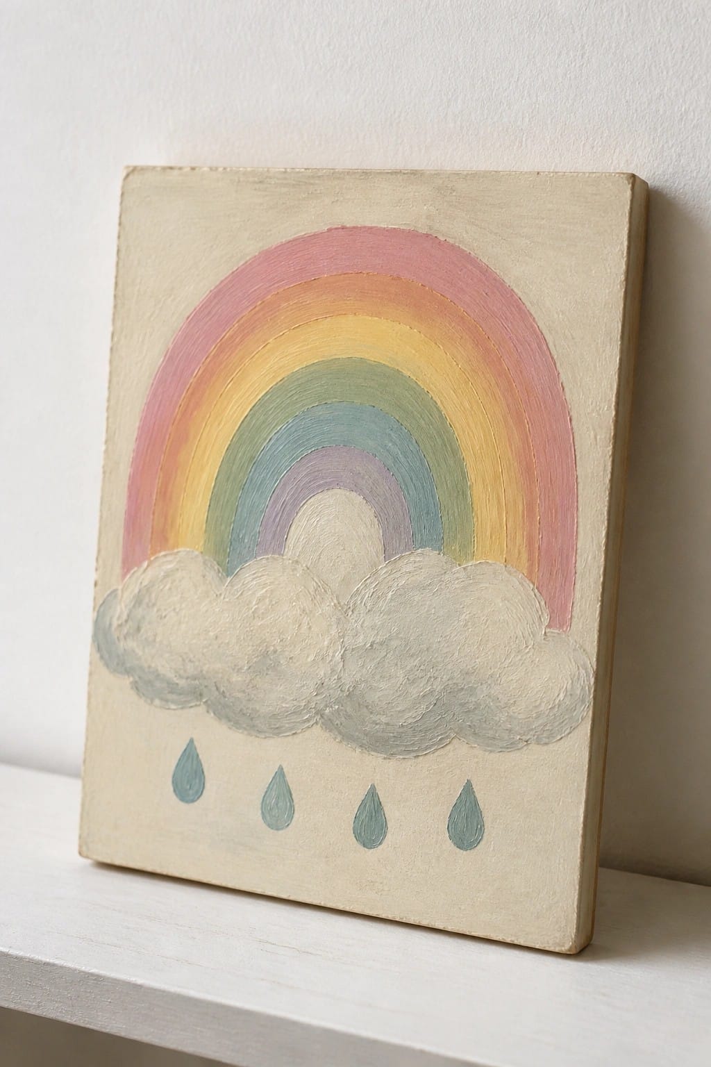 Pastel rainbow arches over textured clouds with blue raindrops on canvas
