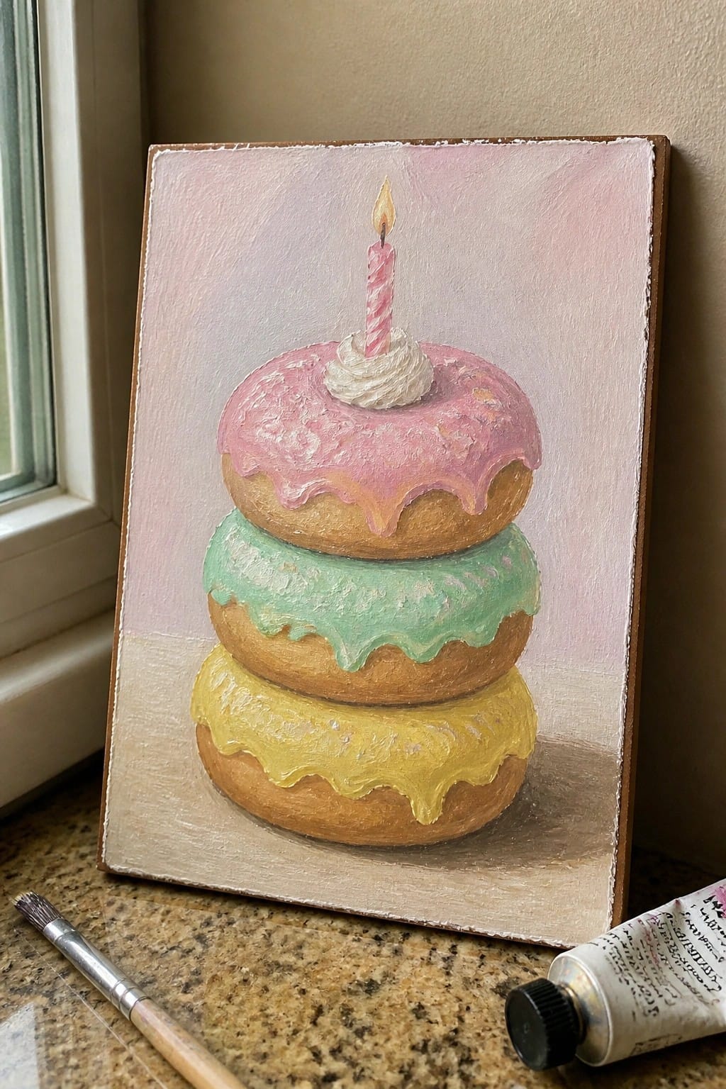 Painting of stacked pink, green, and yellow iced donuts with lit candle beside supplies