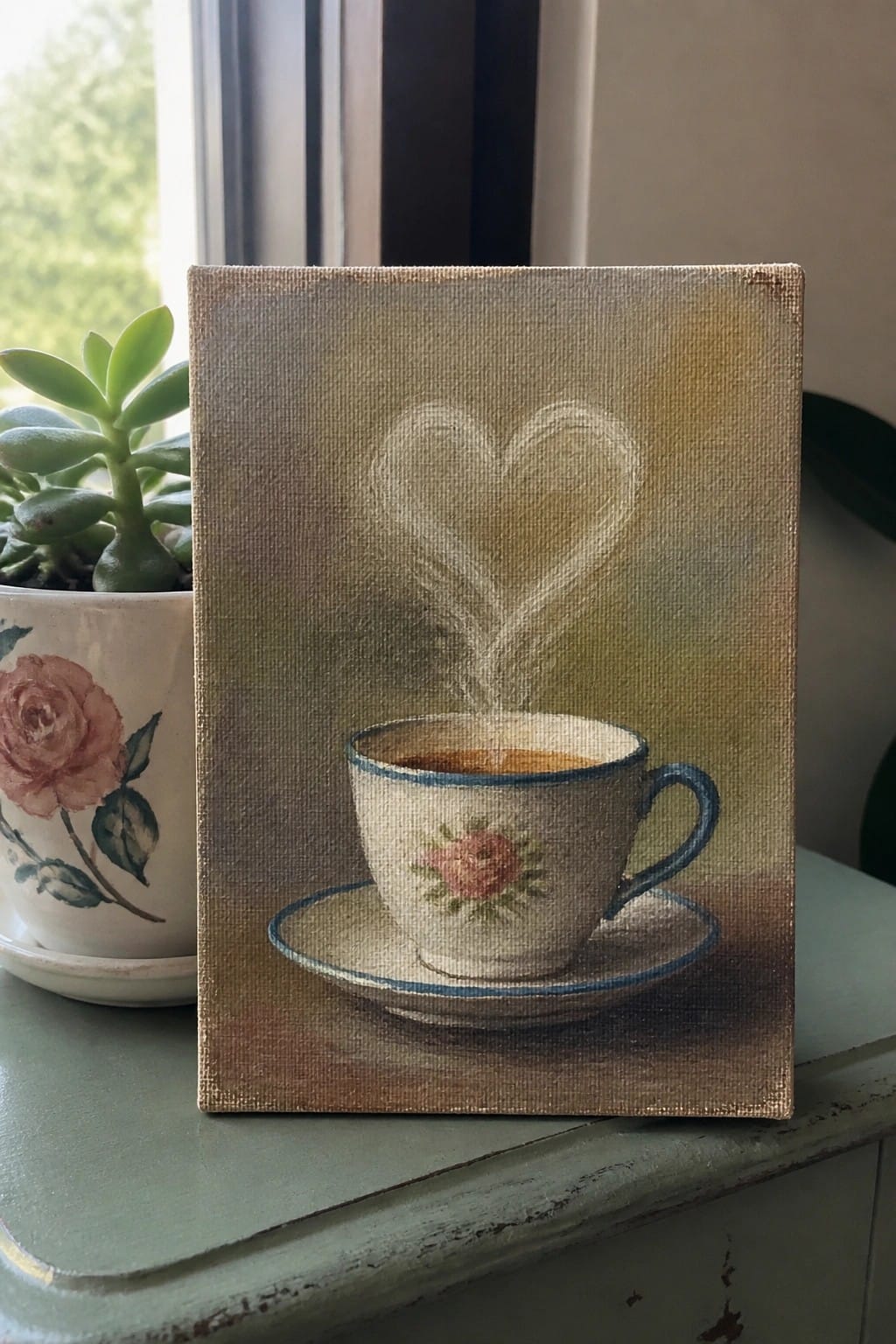 Canvas painting of floral teacup with heart-shaped steam beside succulent plant pot