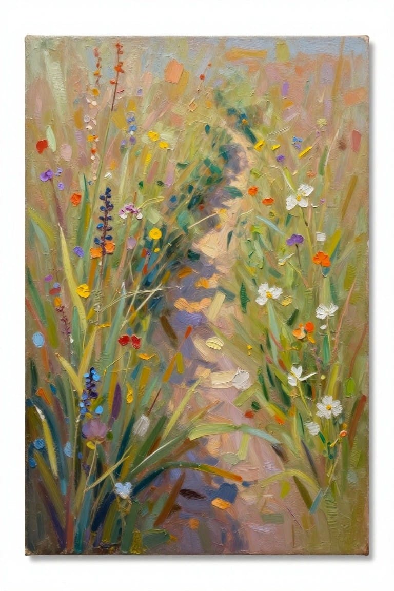 An oil painting of a narrow dirt path winding through tall grasses and colorful wildflowers in red, blue, yellow, purple, and white.