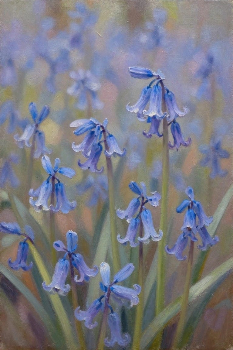 Painting of bluebell flowers in blue and purple hues on green stems with soft background