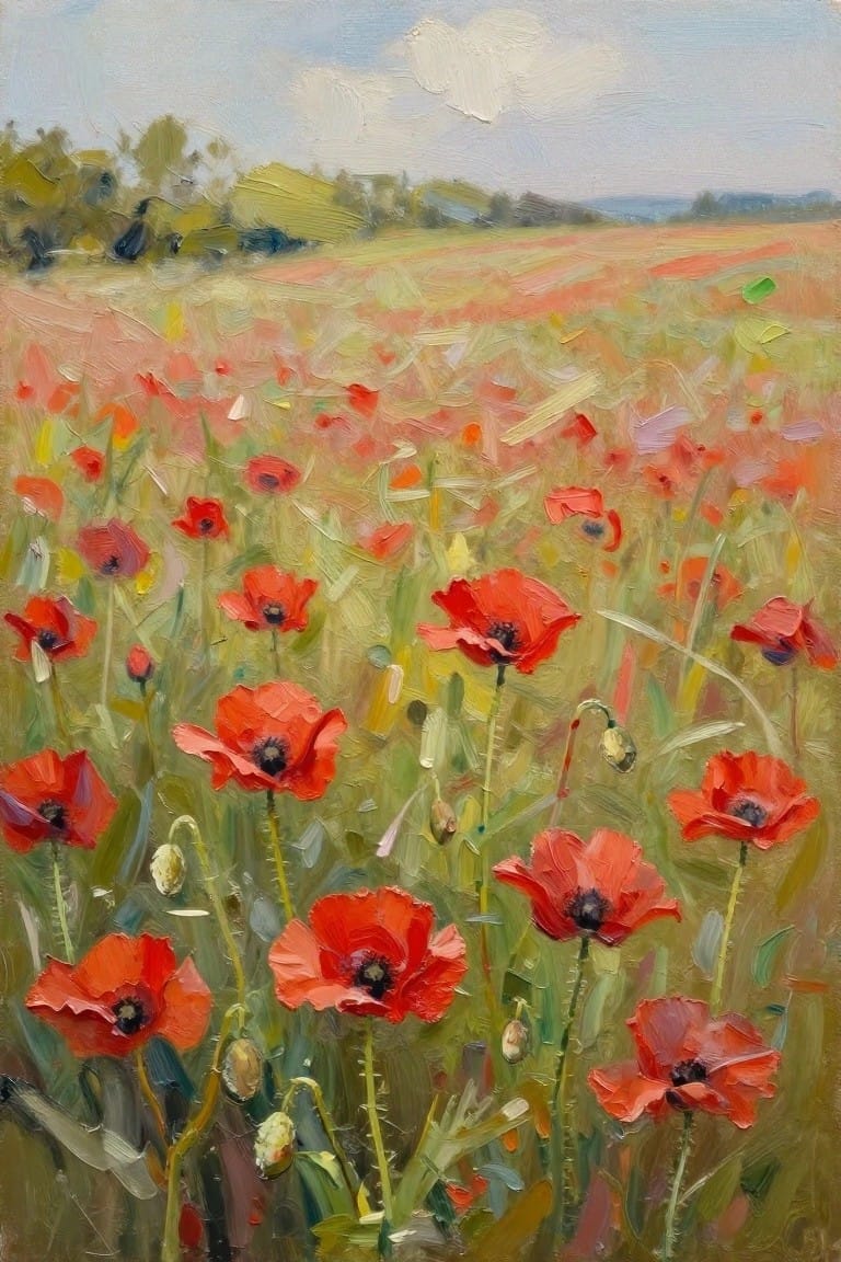 Vibrant red poppies fill a sunlit field with green stems and distant trees