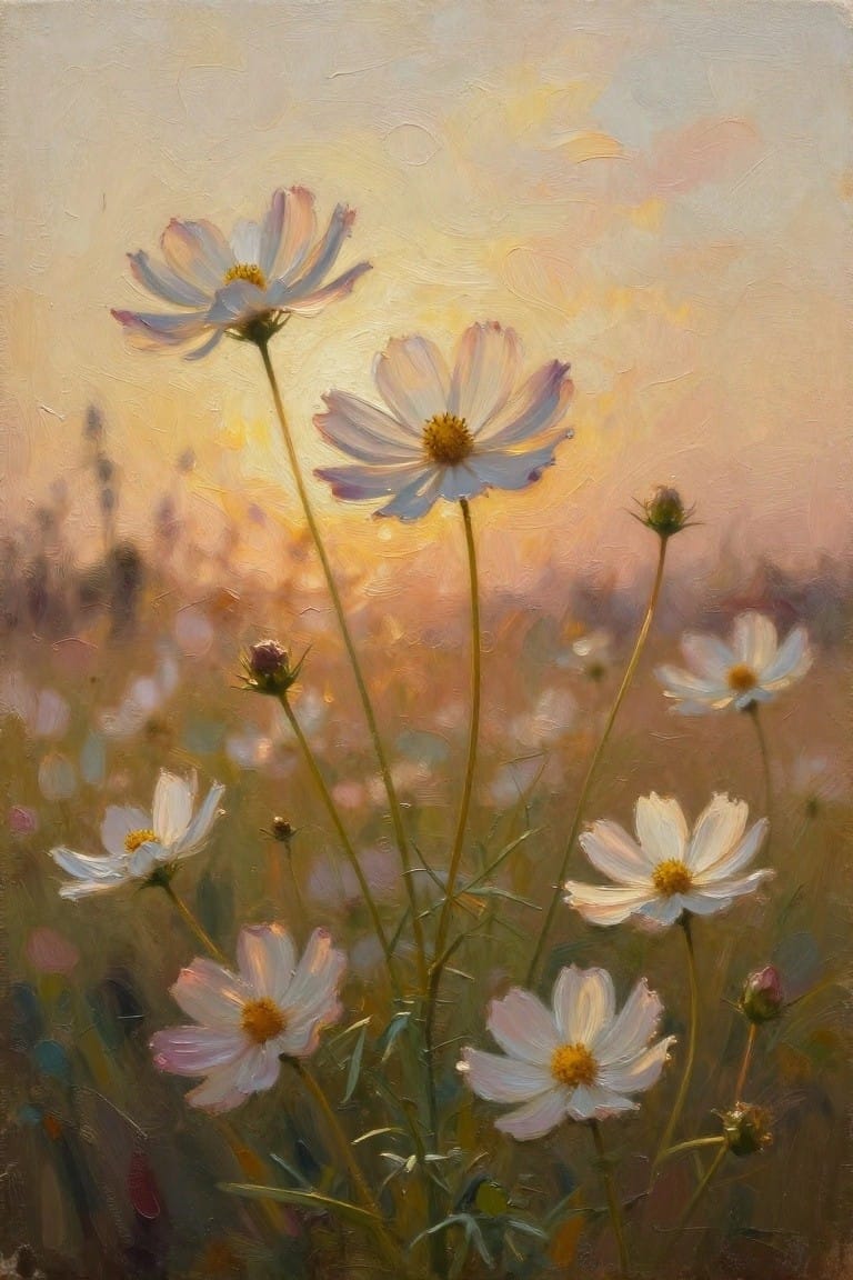 Impressionistic oil painting of white cosmos flowers in a hazy golden field.