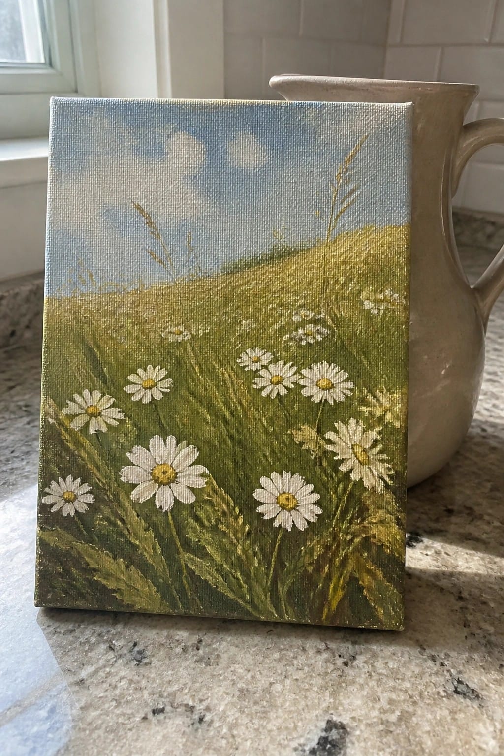 Small canvas of white daisies in green field beside beige ceramic pitcher on marble counter.