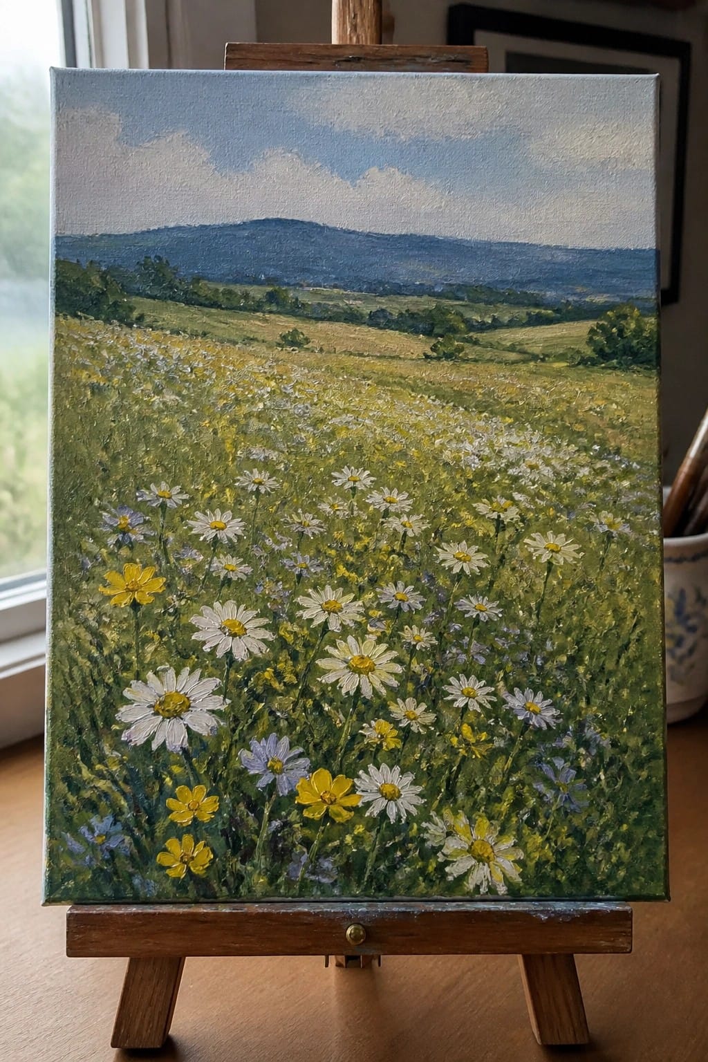 Oil painting on easel showing daisy meadow with rolling green hills and blue sky