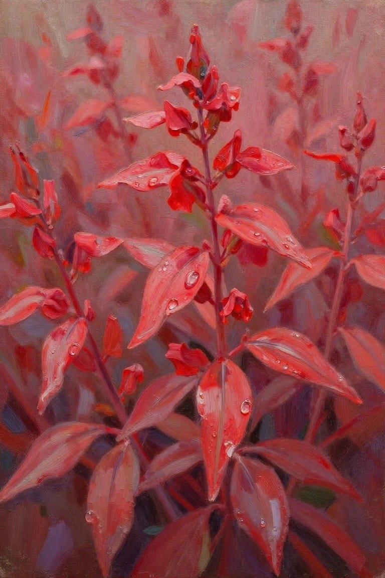 Red leaves and buds glistening with water droplets on stems in soft painterly style
