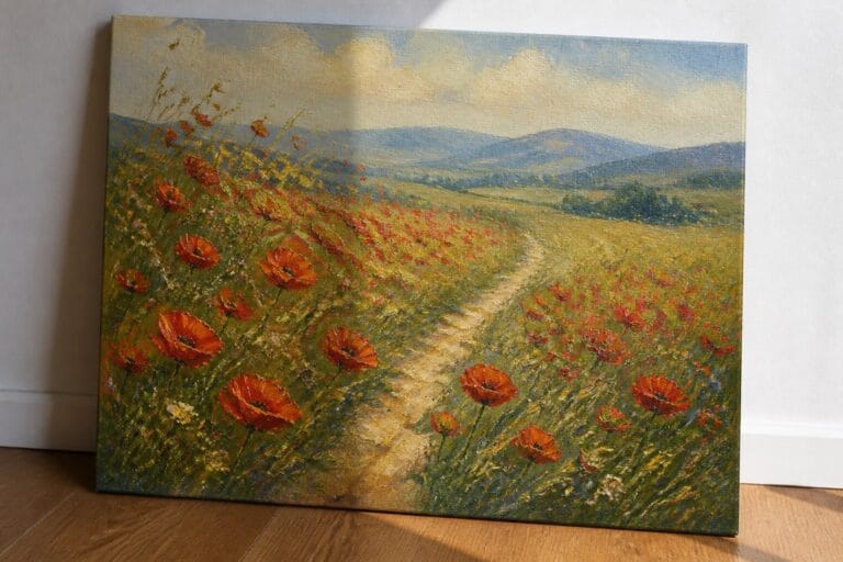 18 Inspiring Flower Field Oil Painting Ideas Full of Depth and Natural Movement Oil painting of red poppies blooming along a winding path in rolling hills.