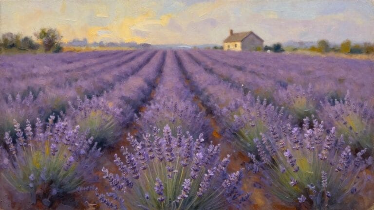 18 Inspiring Flower Field Oil Painting Ideas Full of Depth and Natural Movement Vibrant lavender rows with path to stone cottage under golden sunset sky
