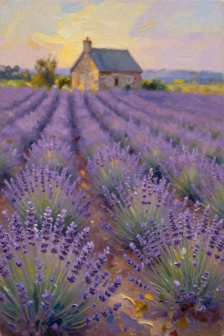 Vibrant lavender rows with path to stone cottage under golden sunset sky