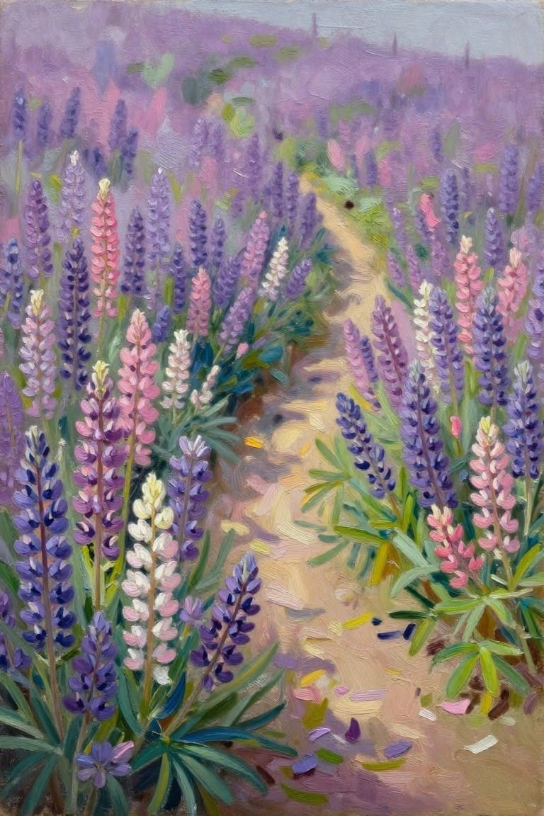 Vibrant lupine flowers in purple and pink line a winding path in an oil painting.